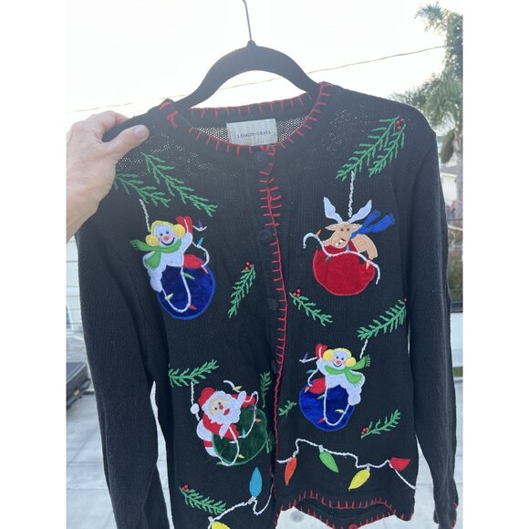 Vintage 80s Lemon Grass black embroidered embellished Christmas cardigan L - Picture 2 of 11